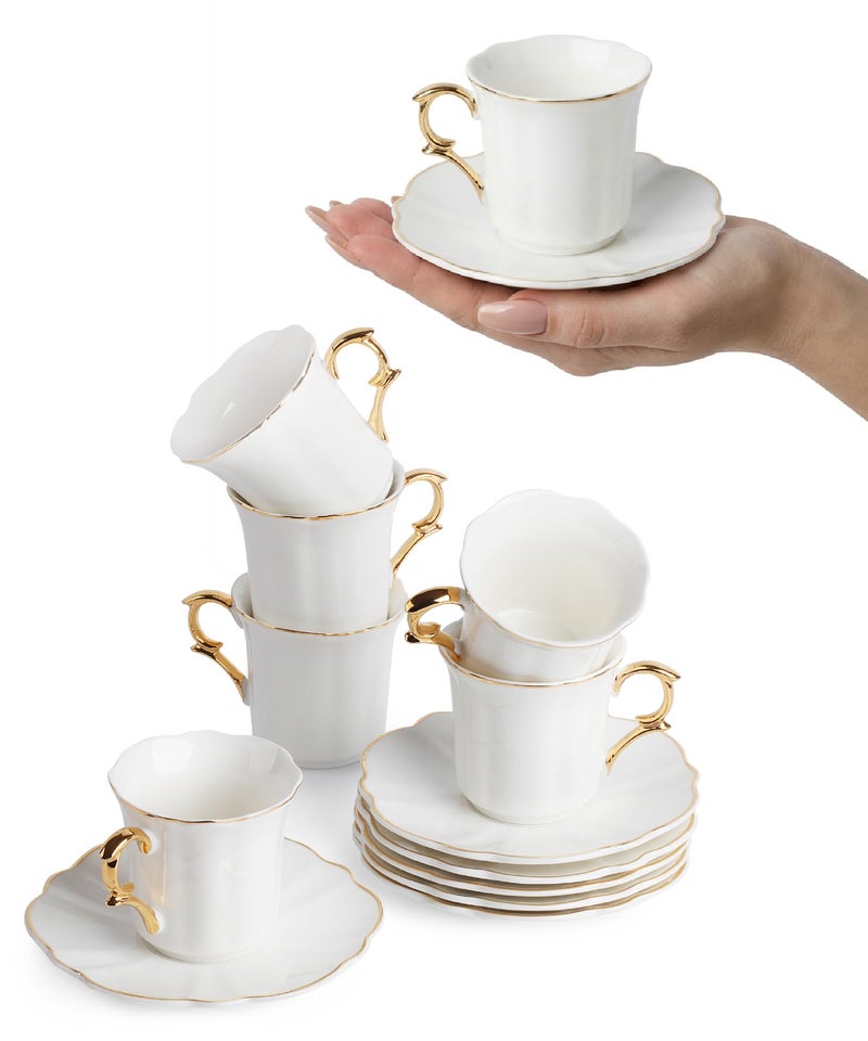 Brew To A Tea White Espresso Cups with Saucers, Set of 6 (3 oz), Porcelain Turkish Coffee Cup Set with Gold Trim Design & Gift Box, Dishwasher Safe, Christmas Gifts - Image 1